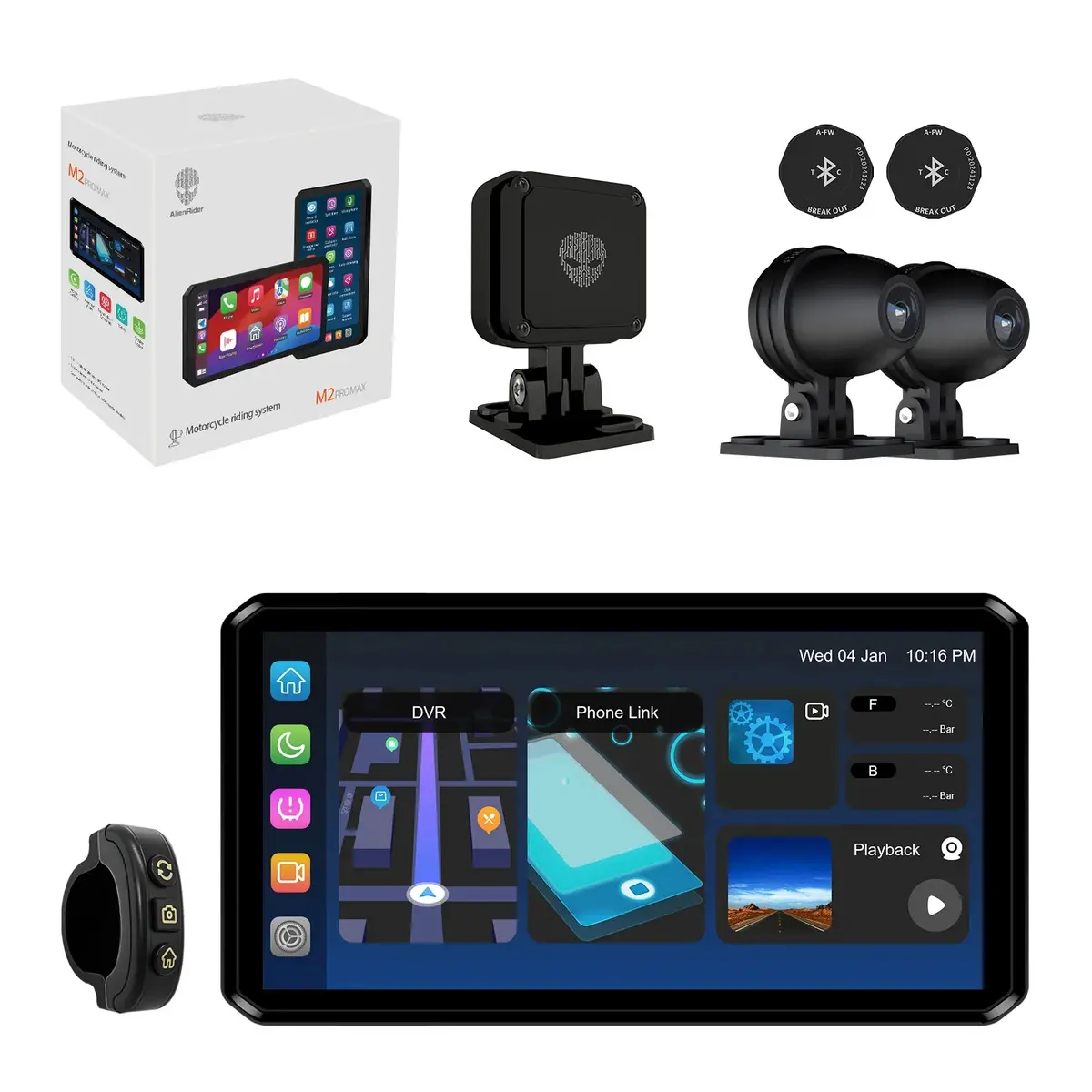 Alienrider M2promax Motorcycle Streaming Smart System,77G Mmwave Radar Blind Spot Detection,Wireless With Carplay/Android Auto,Rear-View Streaming Lca,1080P,G-Sensor,Tpms(Host+Tpms+Cameras+Radar) 1