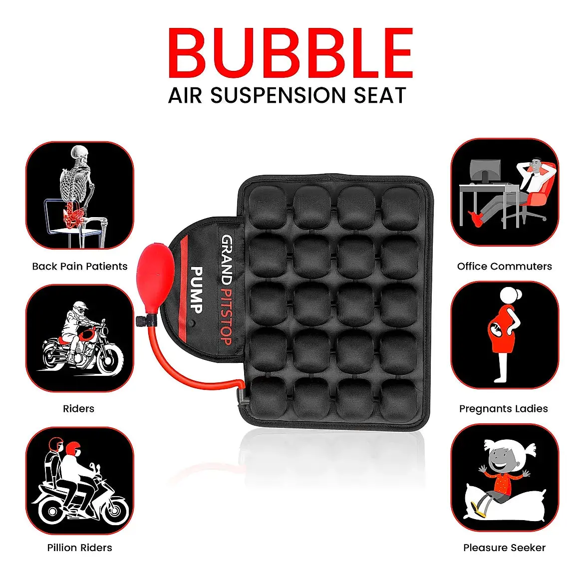 Air Bubble Airseat For Motorcycle And Car Lumbar Support - Pillion With Pump - Grand Pitstop 1