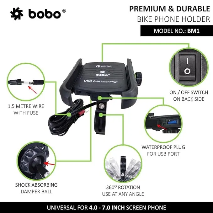 Bobo Bm1 Jaw-Grip Bike Phone Holder With Qc 3.0 Usb Charger 1
