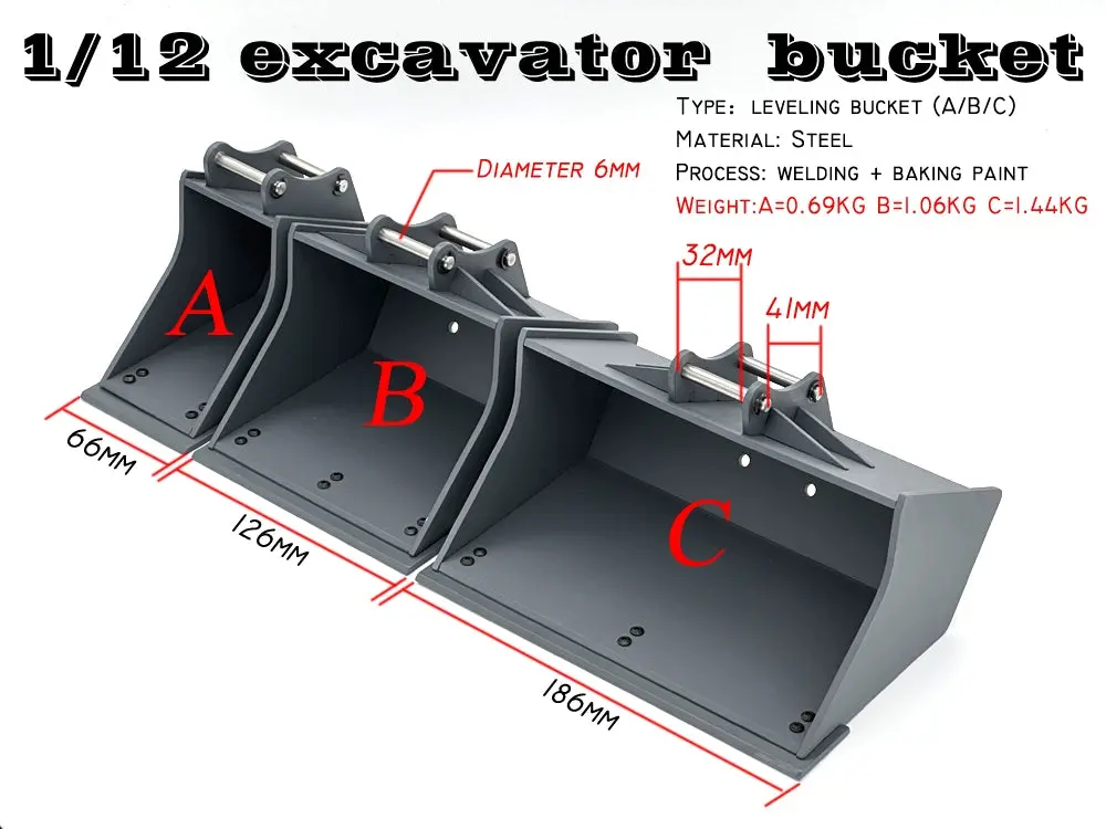 Wst 1/12 Rc Hydraulic Excavator, Metal Flat Tooth Bucket Narrow Bucket Wide Bucket 1