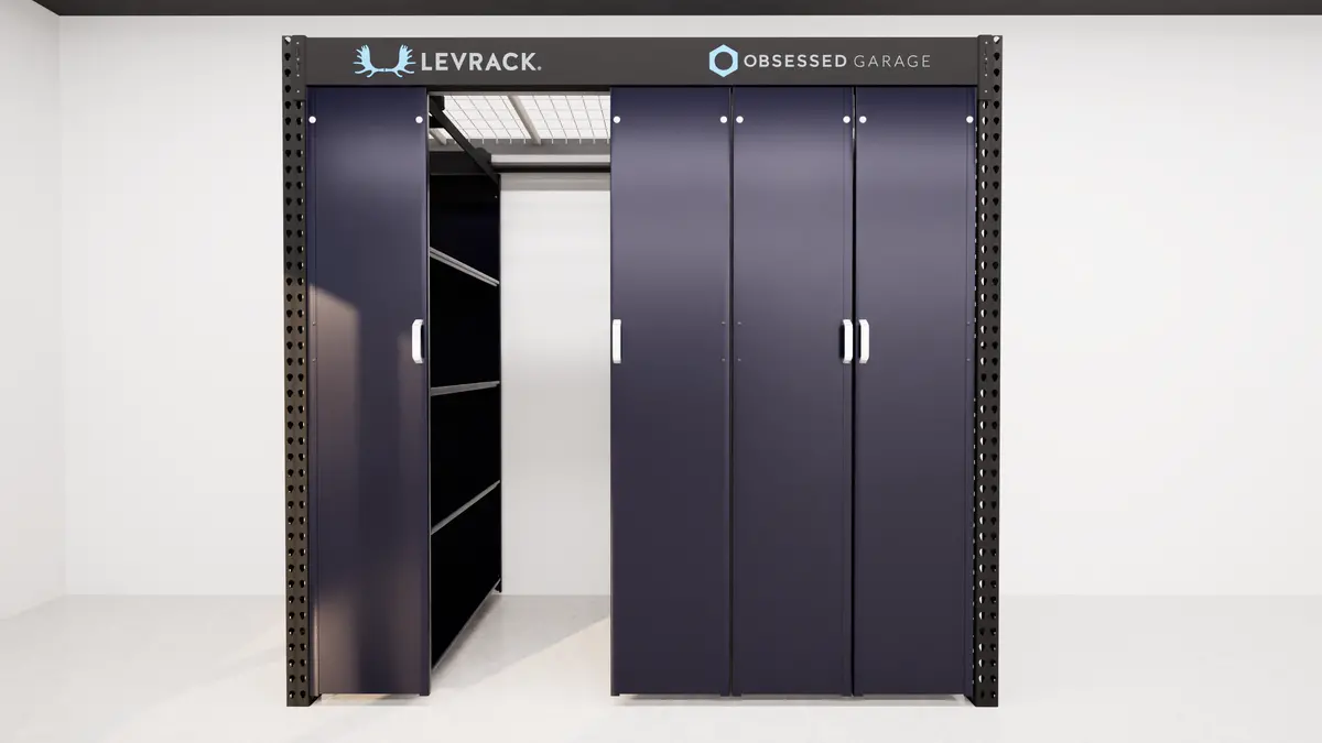 Levrack Storage Solution - Obsessed Garage Edition - Blue With Silver Handles 1