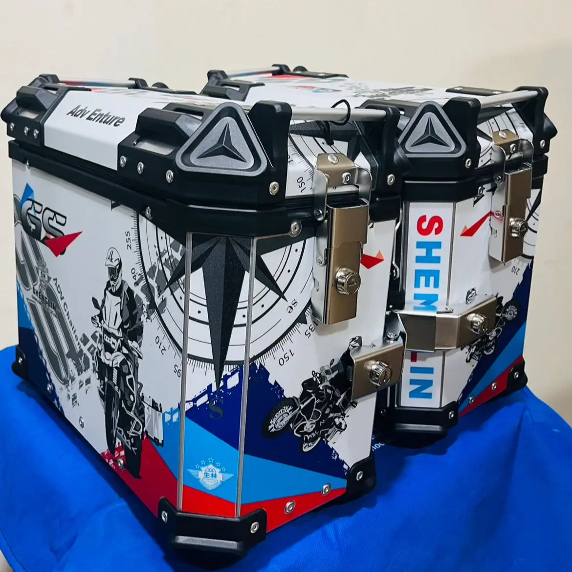 T-Bolt Aluminium 37L Panniers Graphic White Blue Red Black – Durable And Spacious Motorcycle Side Luggage Carrier 1