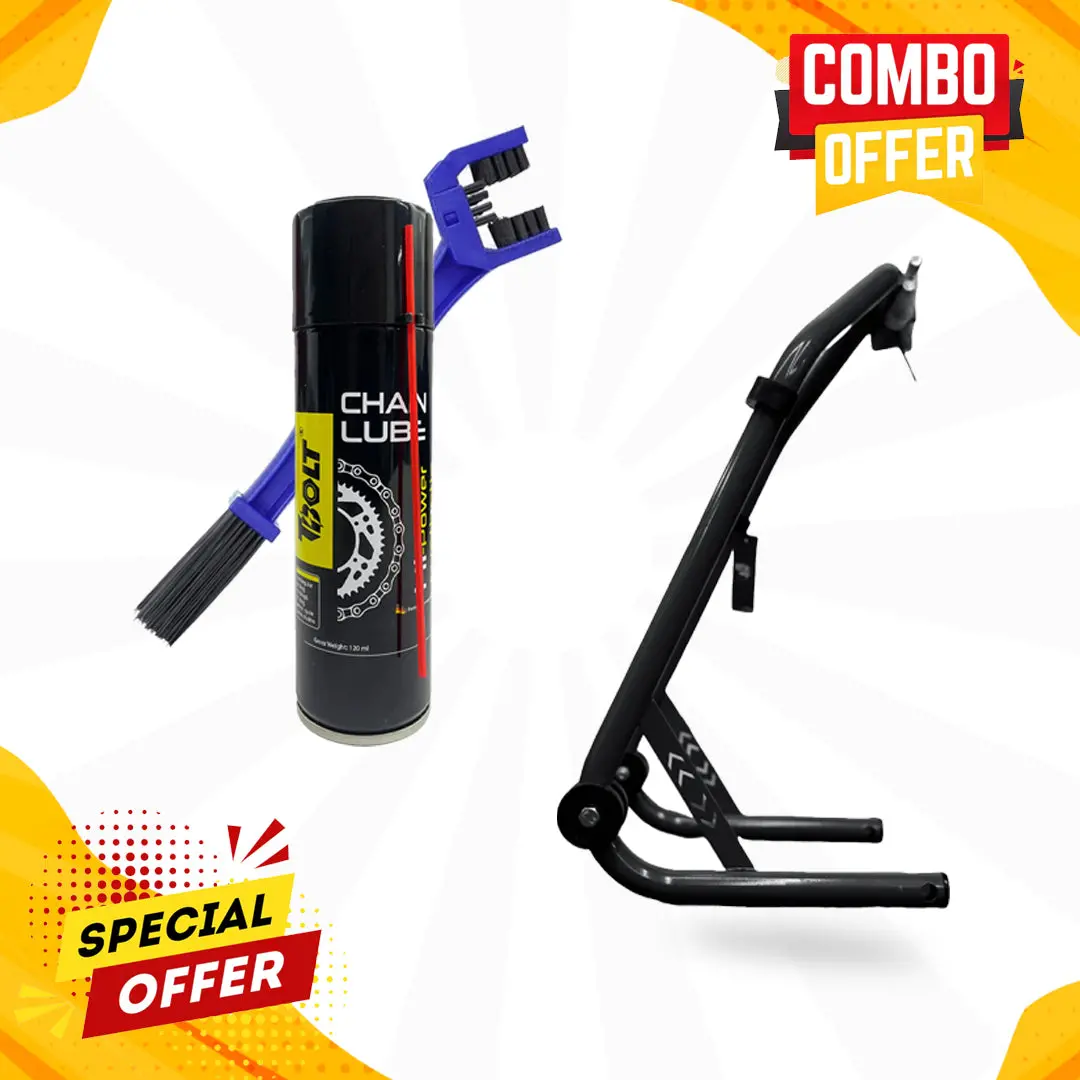 Universal Paddock Stand +T Bolt Chain Lube & Chain Brush Combo 1