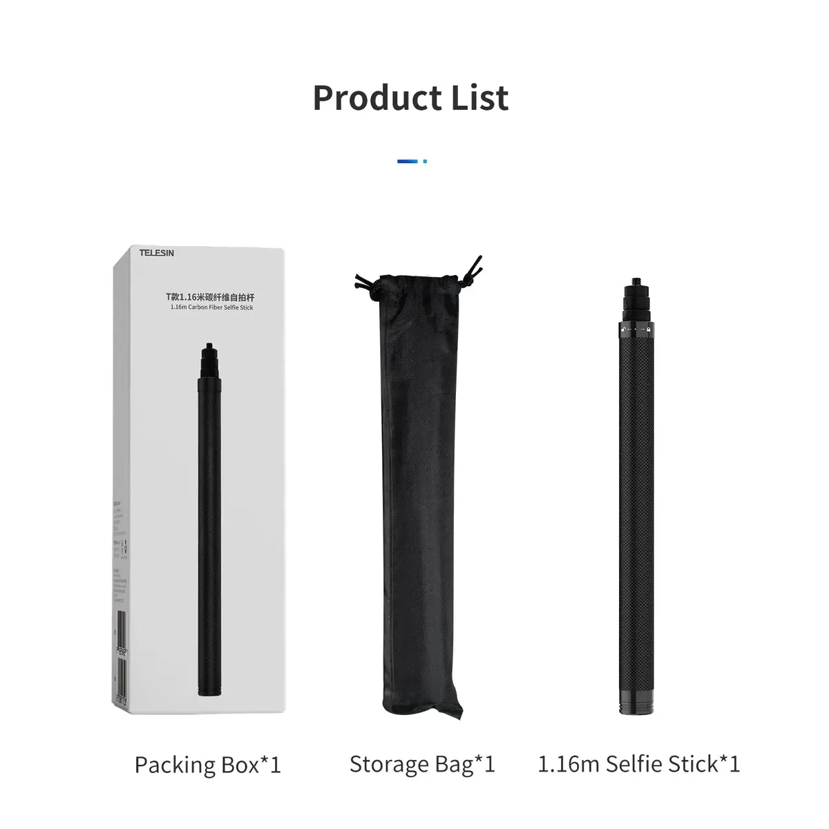 Telesin 1.16 M Carbon Fiber Selfie Stick Monopod Extendable At 4 Lengths Telescoping Monopod For Go Pro Dji Insta360 Ace 1